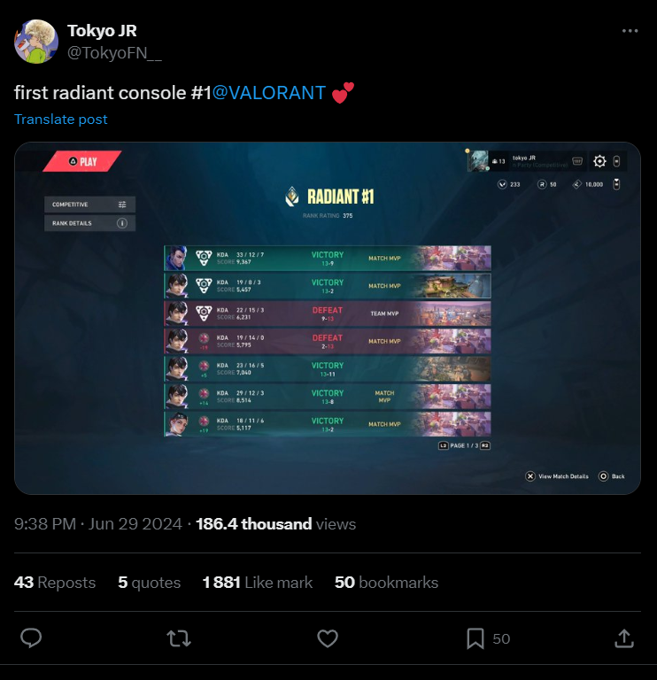 Токио JR стал первым игроком, достигшим Рейдента в Valorant на консолях — изображение 2