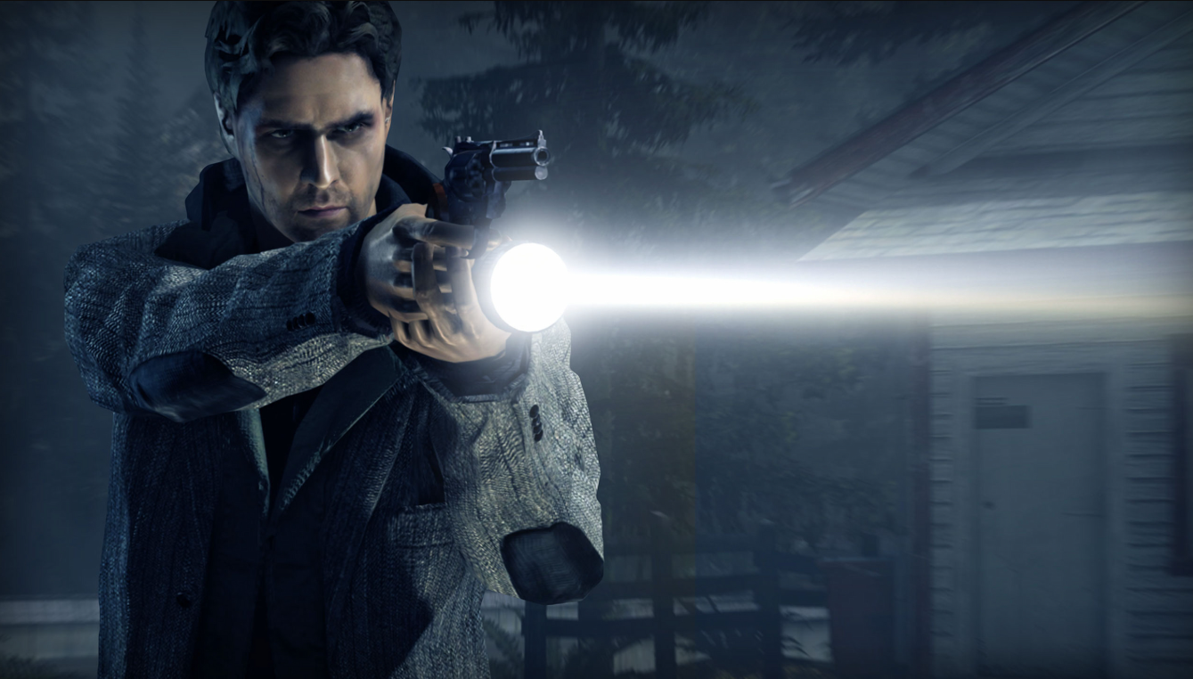 Alan Wake с пистолетом и фонариком
