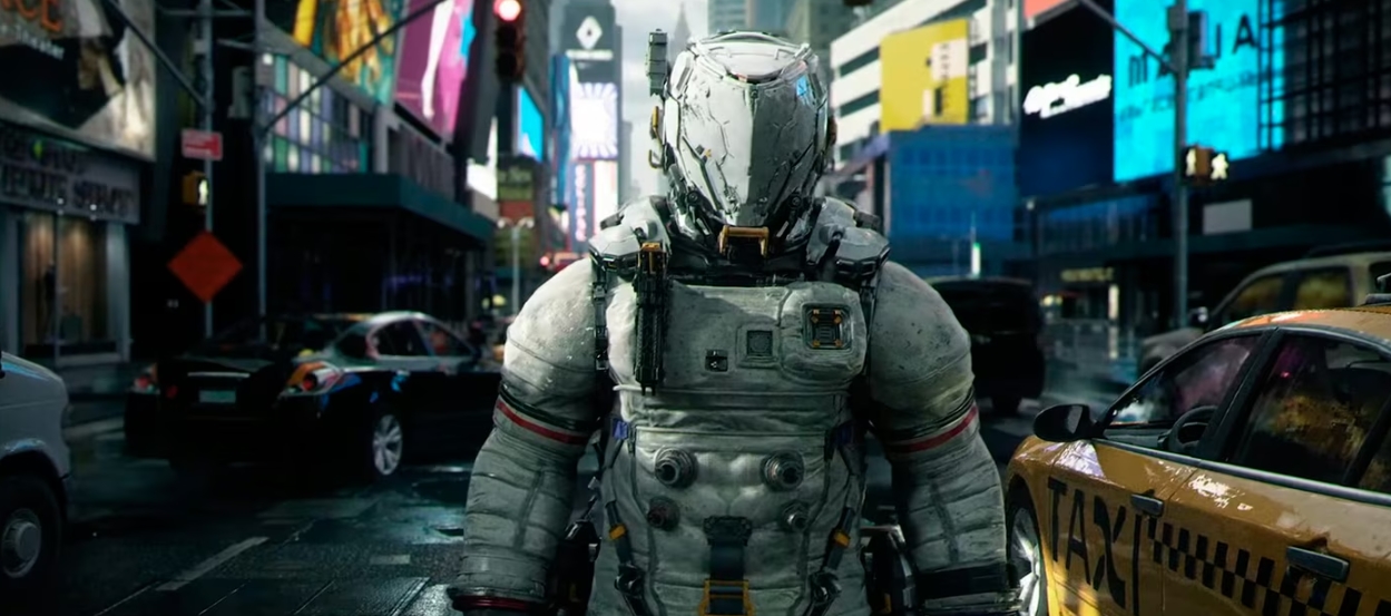 Астронавт в футуристическом скафандре на неоновой городской улице в Pragmata