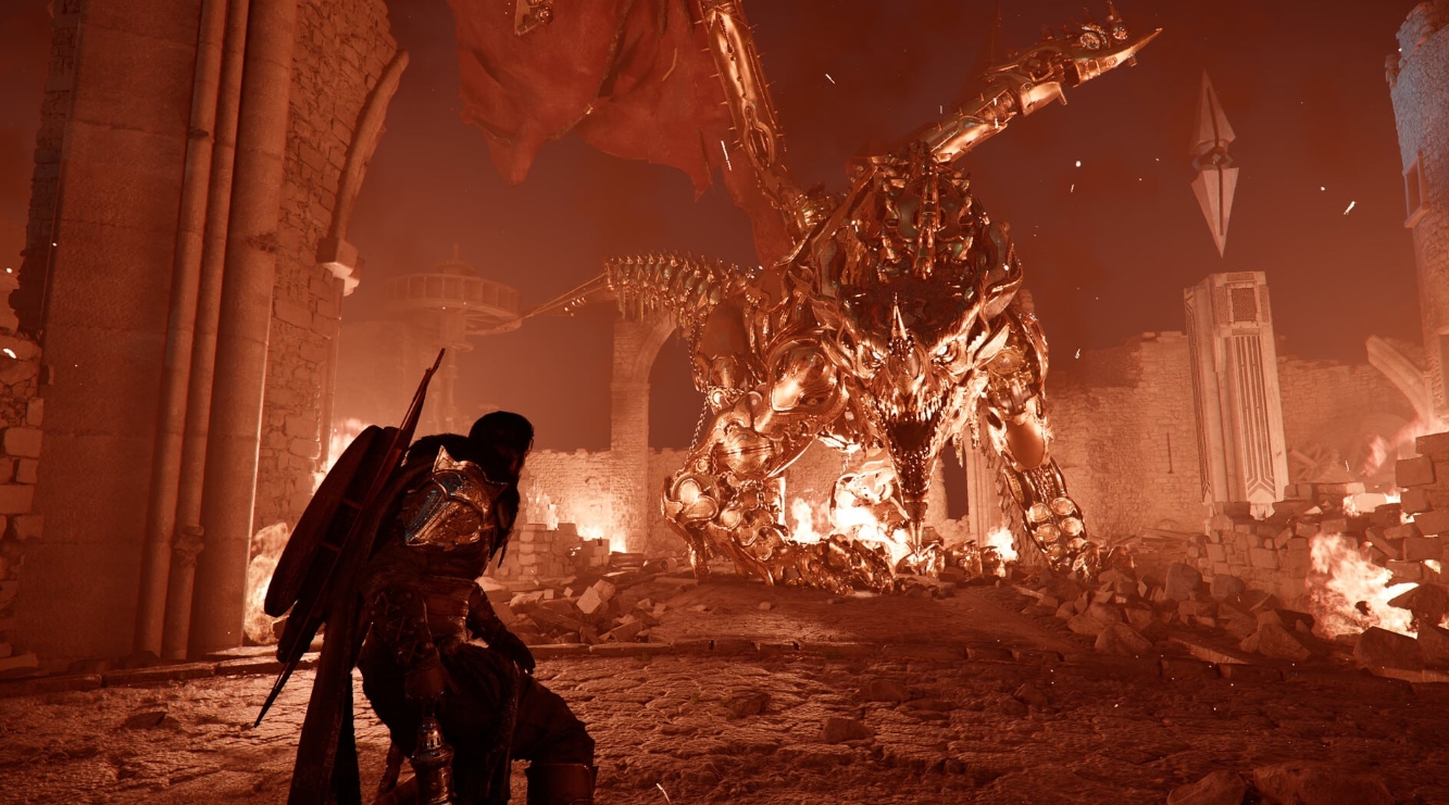 Crimson Desert &ndash; сражение с боссом, воин против огромного огненного дракона в разрушенном замке